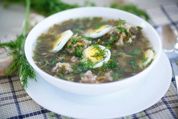 Sorrel soup with meatballs and eggs — Stock Photo, Image