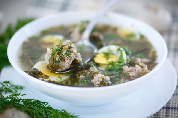 Сорреловый суп с фрикадельками и яйцами — стоковое фото