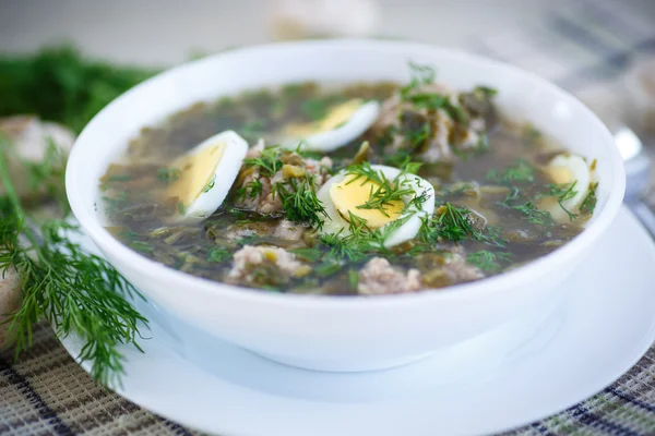 Sopa de acedera con albóndigas y huevos —  Fotos de Stock