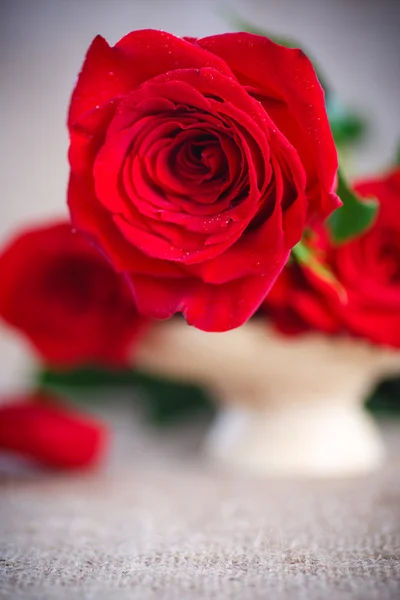 Hermoso ramo de rosas rojas en una vieja mesa de arpillera — Foto de Stock