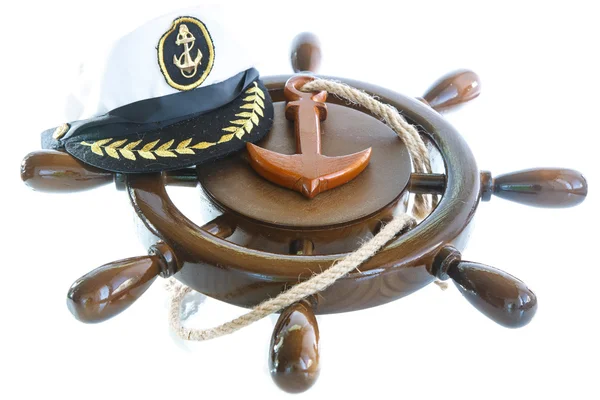 Decorative wooden ship anchored at the helm — Stock Photo, Image