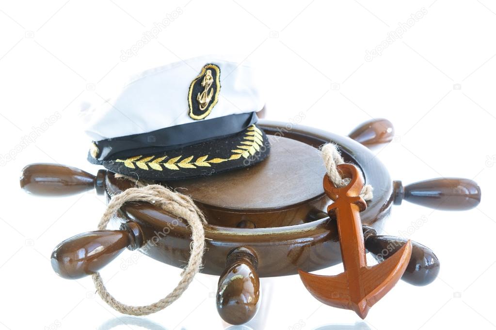 Decorative wooden ship anchored at the helm