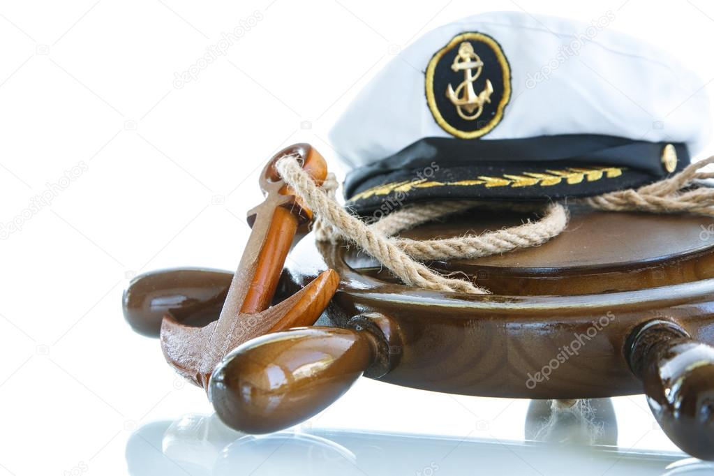 Decorative wooden ship anchored at the helm