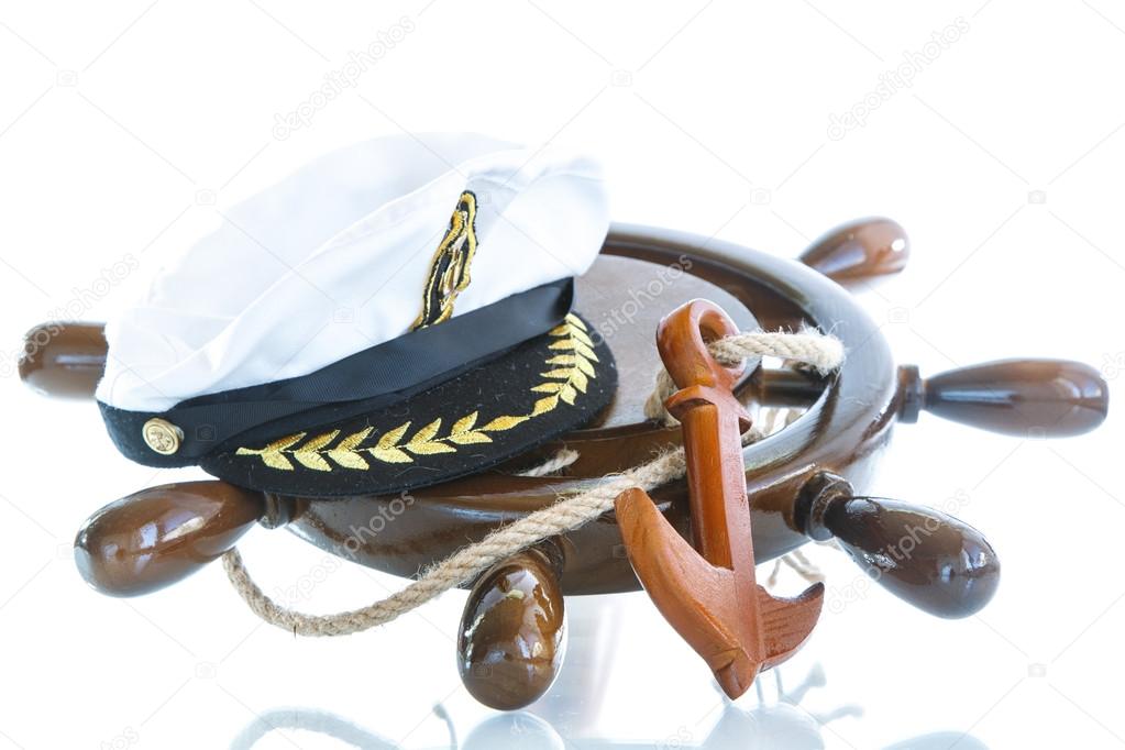 Decorative wooden ship anchored at the helm
