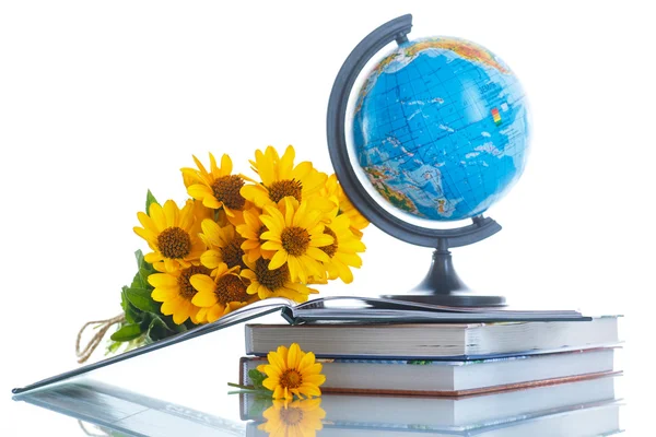 书和花的地球仪 — 图库照片