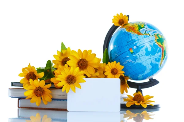 Globus mit Büchern und Blumen — Stockfoto