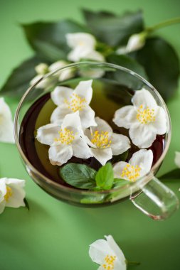 Yasemin ve yeşil çayla izole edilmiş cam çaydanlık..