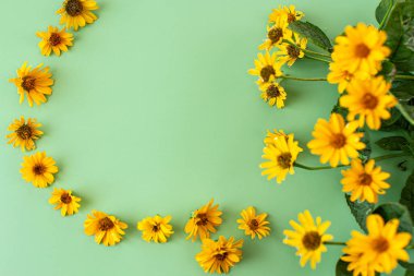 Yeşil arkaplanda düzenlenmiş sarı çiçekler kopya alanı ile.