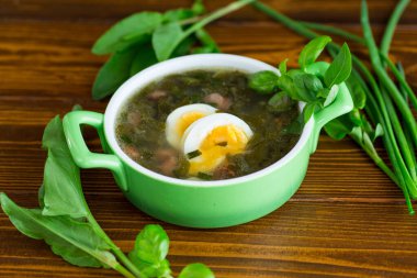 Koyu ahşap masada yumurtalı geleneksel Ukrayna doru borş çorbası..