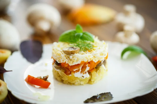 Salada em camadas com cogumelos e legumes — Fotografia de Stock