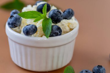 Sağlıklı kahvaltı süzme peynir, yabanmersini ve taze nane..