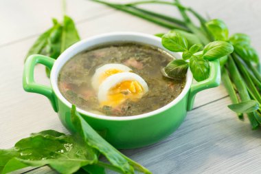 Yeşil borş çorbası tabağının üst görüntüsü. Hafif ahşap masa üzerinde yumurta ve kuş sürüsü..