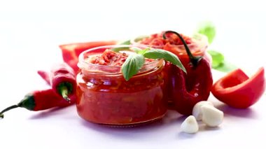 Geleneksel ev yapımı baharatlı biber, otlar ve sarımsaklı..