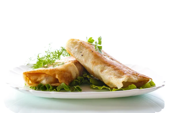 Rollos de primavera rellenos fritos en un plato — Foto de Stock