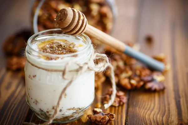 Yogurt fresco naturale con noci e miele — Foto Stock