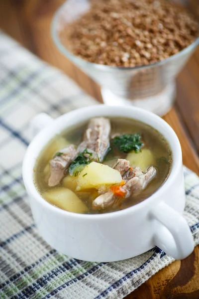 Buckwheat soup with meat — Stock Photo, Image