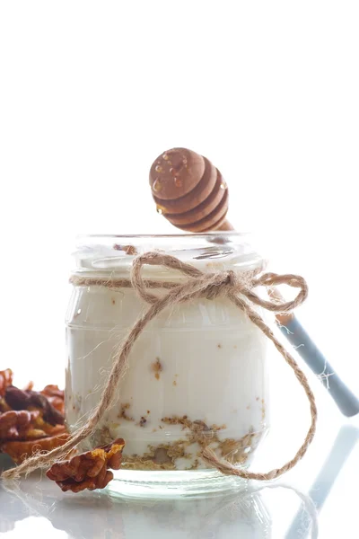 Natural fresh yogurt with  nuts and honey — Stock Photo, Image