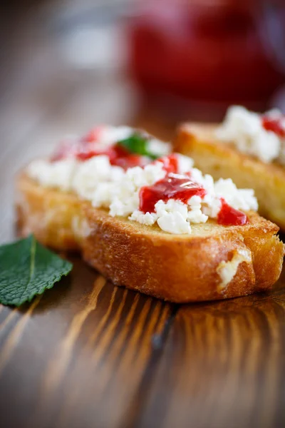 Fried in batter toast with cream cheese and jam — Stock Photo, Image