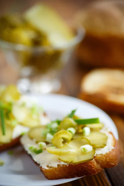 Sanduíche vegetariano com queijo, picles e ervas — Fotografia de Stock