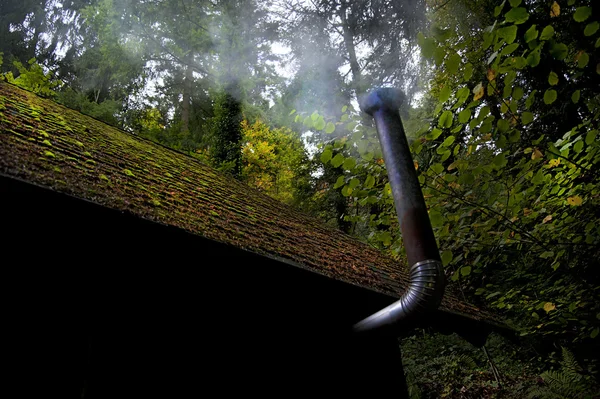 Egy füstös keménykalapos és a Mohos tető, egy gerendaház — Stock Fotó