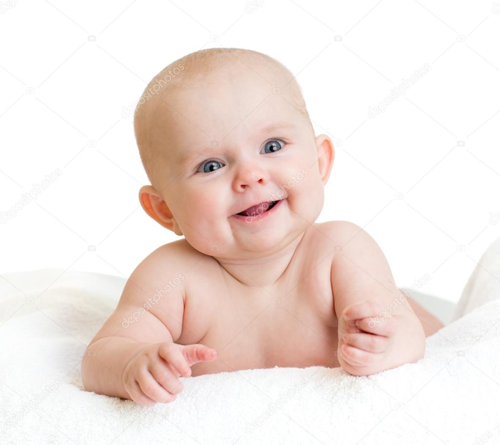 Schattige lachende baby jongen liegen — Stockfoto © Andrey ...