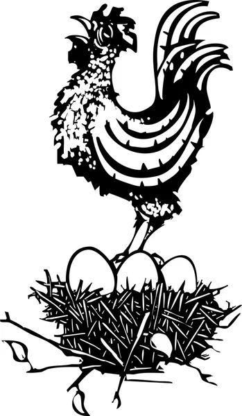 巣に木版画鶏 — ストックベクタ