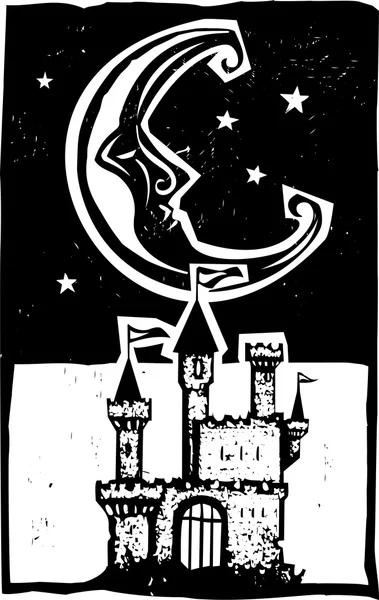 Woodcut style moon and castle — Stock Vector