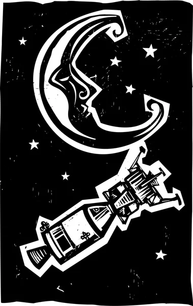 Woodcut Moon and American Spacecraft — Stock Vector