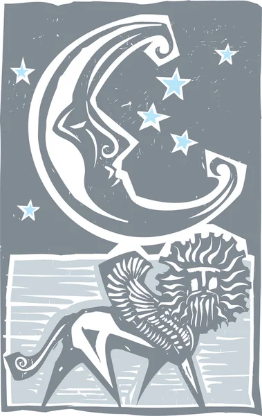 Woodcut style moon and Persian Sphinx — Stock Vector