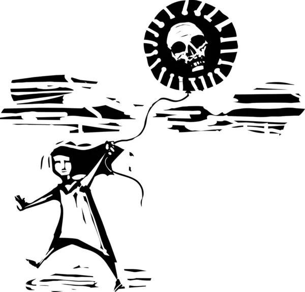 Imagen Estilo Expresionista Woodcut Una Chica Corriendo Con Globo Virus — Foto de Stock