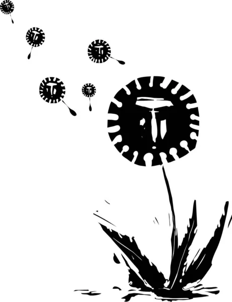 Woodcut Expressionist Style Image Dandelion Spreading Covid Spores Human Faces — Stock Photo, Image