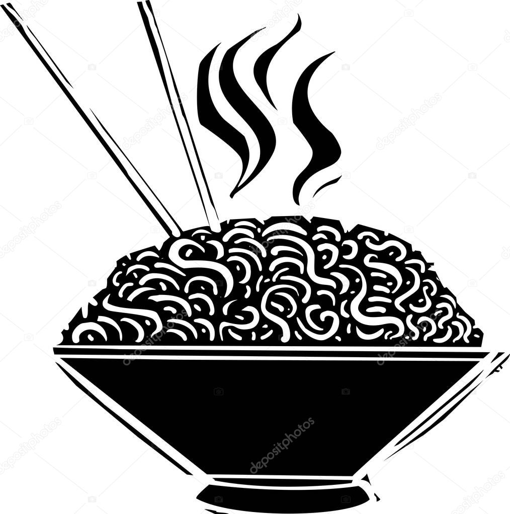 Woodcut image of a bowl of noodle and chopsticks