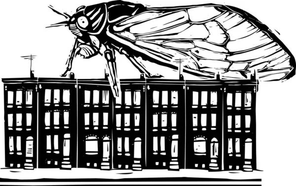 Woodcut Expressionist Style Image Brood Cicada Crawling Baltimore Row Houses — Stockový vektor