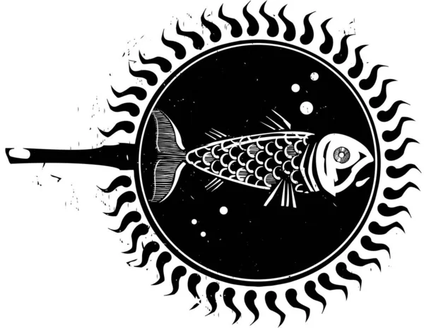 Woodcut Frying Fish Patelni — Wektor stockowy