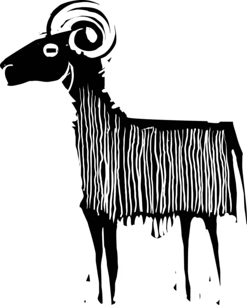ラムやヤギの木版画式表現主義的イメージ — ストックベクタ