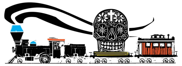 Woodcut Estilo Expressionista Locomotiva Vapor Com Dia Mexicano Crânio Açúcar — Vetor de Stock