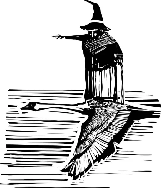 Woodcut Style Expressionniste Cygne Vol Avec Une Sorcière Conte Fées — Image vectorielle