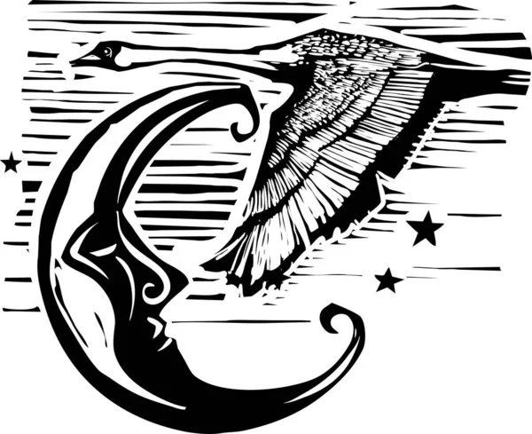 Woodcut Estilo Expressionista Cisne Voo Sobre Uma Lua Crescente — Vetor de Stock