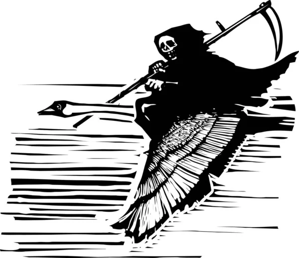 木版画表現主義スタイル背中に死を伴う飛行中の白鳥 — ストックベクタ