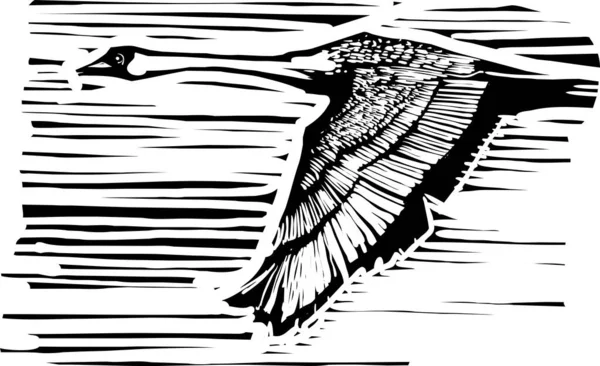 Woodcut Estilo Expresionista Cisne Vuelo — Vector de stock