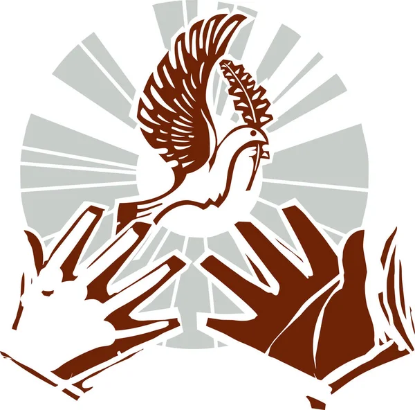 Woodcut Expressionist Style Dove Peace Flying Olive Branch Open Hands — Wektor stockowy