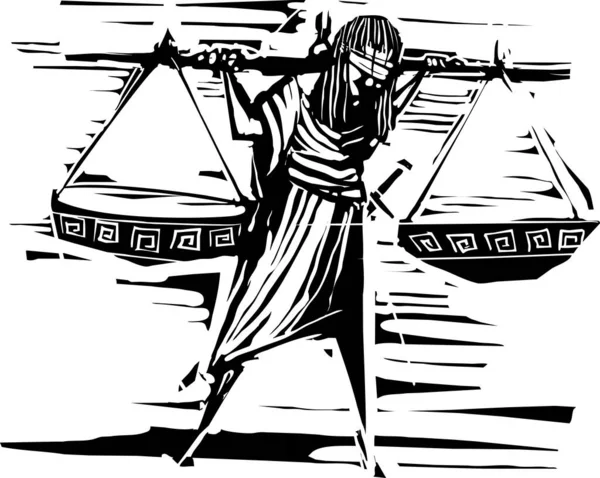 Imagen Estilo Expresionista Woodcut Justice Con Los Ojos Vendados Con — Archivo Imágenes Vectoriales