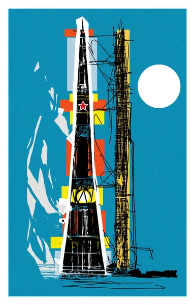 ソ連の月ロケットの木版画表現主義スタイルのイラスト — ストックベクタ