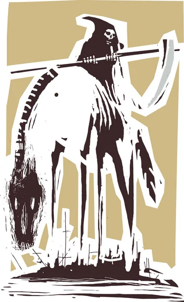 Woodcut Ekspresjonistyczny Styl Ilustracja Śmierci Koniu Nad Płonącym Miastem — Wektor stockowy