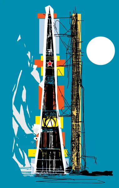 Деревянная Экспрессионистская Иллюстрация Советской Лунной Ракеты — стоковый вектор