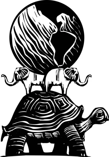 Деревянная Экспрессионистская Иллюстрация Земного Шара Спине Черепахи Слонов — стоковый вектор