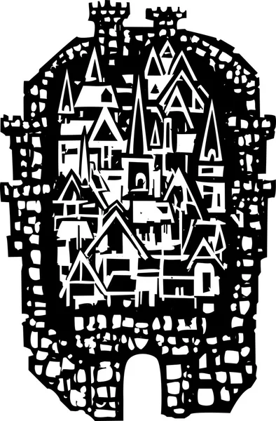 Holzschnitt mittelalterliche Stadt — Stockvektor