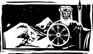Woodcut Viking and Mountain clipart