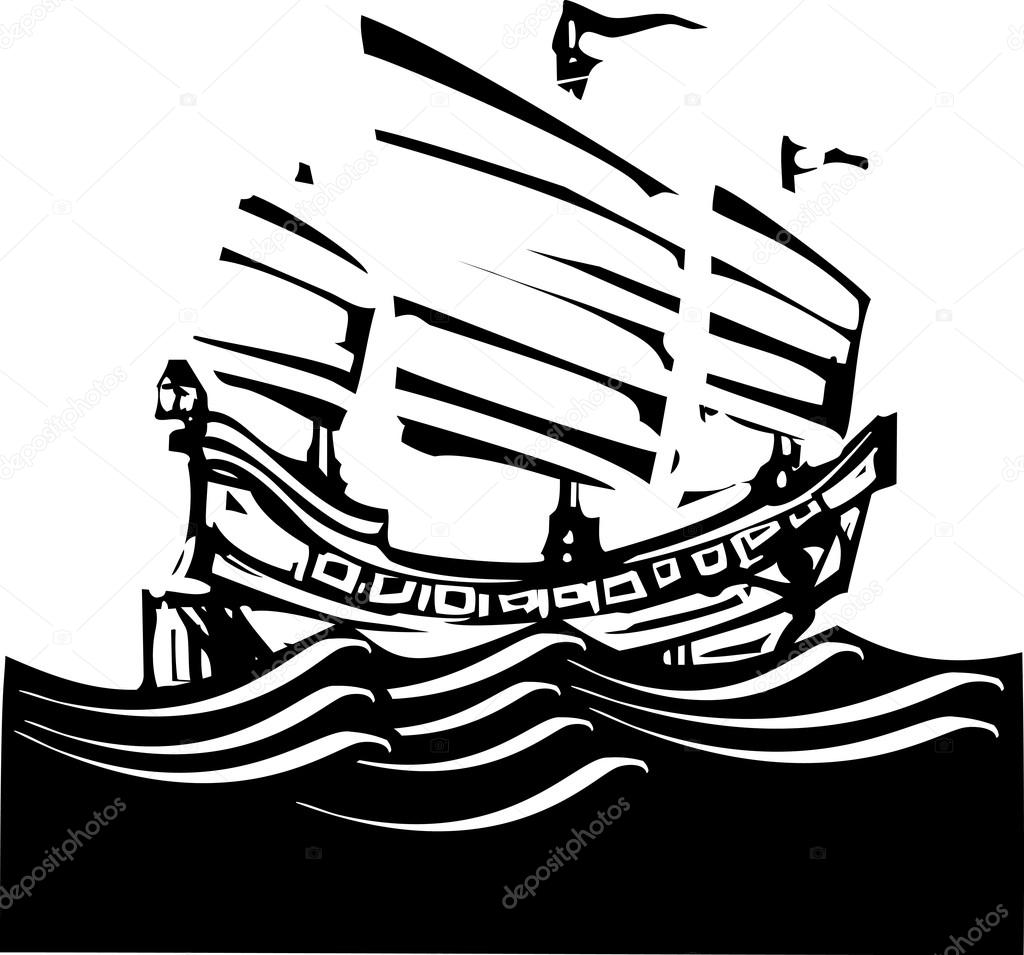 Woodcut Chinese Junk Sailing
