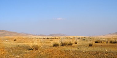 büyük Moğol bozkırlarında üzerinde mavi gökyüzü